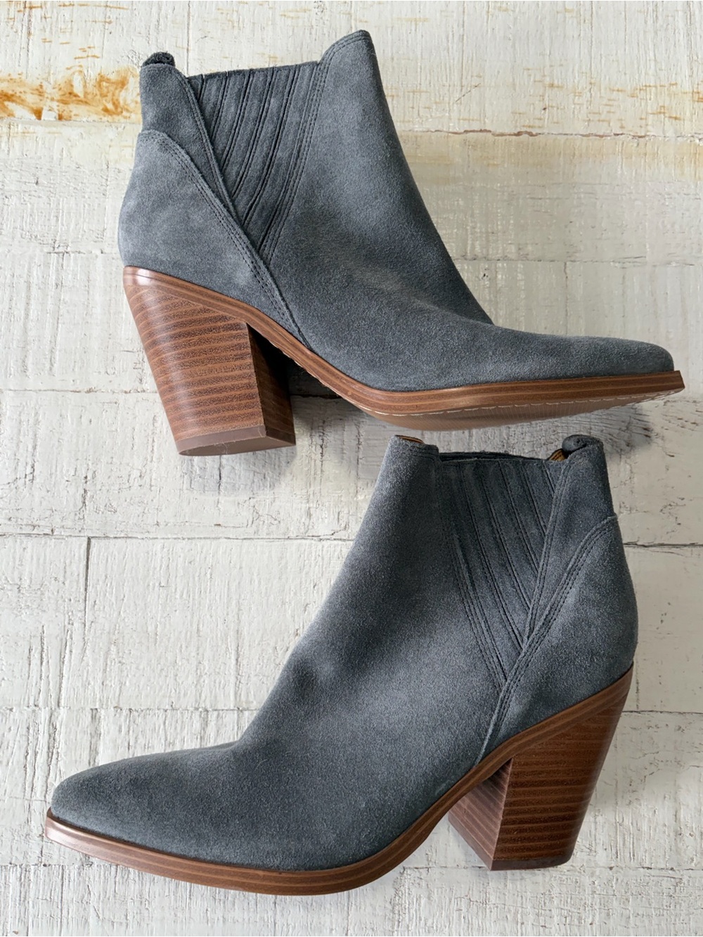 Marc Fisher Gadri Ankle Boots size 9.5 Grey Suede Pointed Toe Stacked Heel